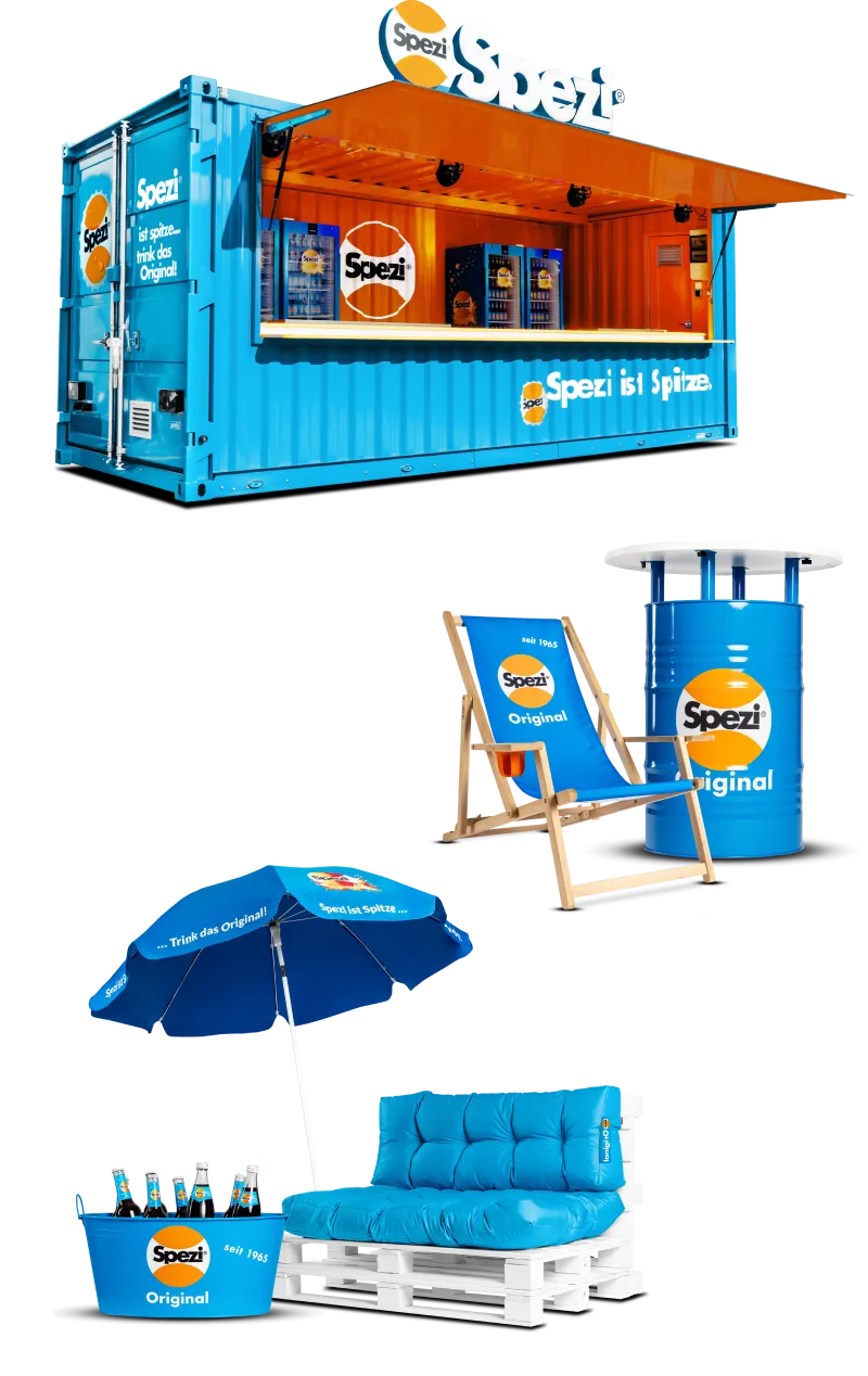 Das kannst du Gewinnen: Eine Party mit dem Spezi Container, 100 Sonnenschirme, 50 Stehtische, 250 Liegestühle, 900 Getränkewannen oder 50 Palettenkissen ohne Paletten.
